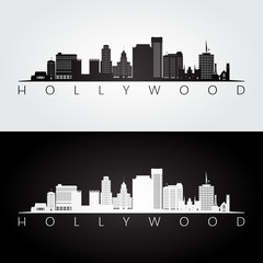 Hollywood, California skyline and landmarks silhouette, black and white design, vector illustration.