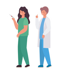 Wall Mural - Woman and man doctor with uniform and injection vector design