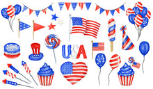 Happy 4th Of July USA Independence Day Elements Set With American National Flag, Sweets, Balloons, Hand Lettering Text Design. Celebration Party Poster, Sale Banner, Advertisement, Web Template