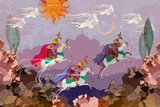 Fototapeta Do akwarium - Ottoman Empire. Battle scene. Fairy tales and legends of the Middle East. Medieval miniature. Mughal art. Persian frescoes. Ancient civilization murals