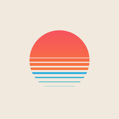 Wall Mural - Retro sunset above the sea or ocean with sun and water silhouette. Vintage styled summer logo or icon design isolated on white background. Vector illustration.