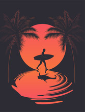 Summer Poster With Walking Surfer Silhouette At Sunset And Reflection On The Water And Palm Silhouettes. Vector Illustration