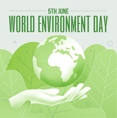 World environment day 5th June banner or poster concept with Earth planet globe and human hand in green colors. Vector illustration