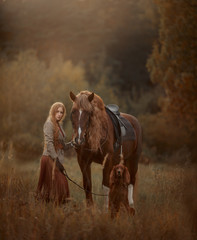 Wall Mural - Beautiful long-haired blonde young woman in English style with red draft horse, Irish setter dog in autumn forest