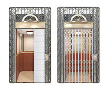 Antique Vintage Elevator With Forged Decorative Elements With Open And Closed Latticed Door. Front View . 3d Illustration Isolated On White Background.