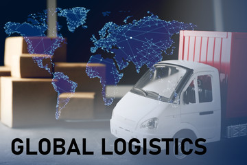 Wall Mural - Global logistics concept. Truck with boxes and world map