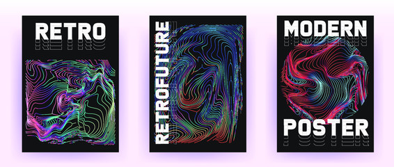 Aufkleber - Set of retrofuturistic posters with holographic chromatic shapes in rainbow colors. Synthwave and vaporwave style covers for music party event and club invitation.