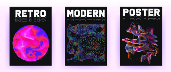 Wall Mural - Set of retrofuturistic posters with holographic chromatic shapes in rainbow colors. Synthwave and vaporwave style covers for music party event and club invitation.