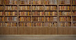 Panorama old books on wooden shelf in book shop or library.3d rendering