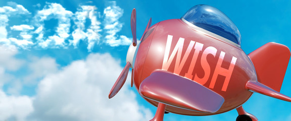 Wish helps achieve a goal - pictured as word Wish in clouds, to symbolize that Wish can help achieving goal in life and business, 3d illustration