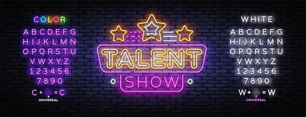 Wall Mural - Talent Show neon sign vector. Talent Show Design template, light banner, night signboard, nightly bright advertising, light inscription. Vector illustration. Editing text neon sign