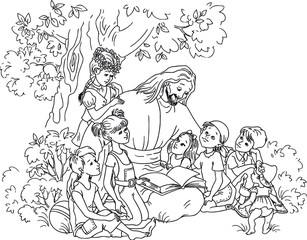 Jesus reading the Bible with Children coloring page. 