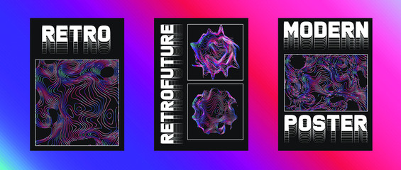 Set of retrofuturistic posters with holographic chromatic shapes in rainbow colors. Synthwave and vaporwave style covers for music party event and club invitation.