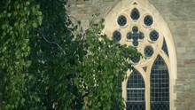 Historic Church Window With Tree Swaying Outside
