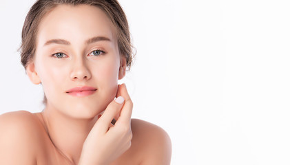 Beautiful Young  Asian Woman touching her clean face with fresh Healthy Skin, isolated on white background, Beauty Cosmetics and Facial treatment Concept