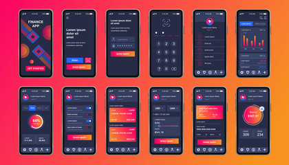 Finance services unique design kit for mobile app. Online banking screens with financial analytics and instruments. Money control and management UI, UX templates. GUI for responsive mobile application