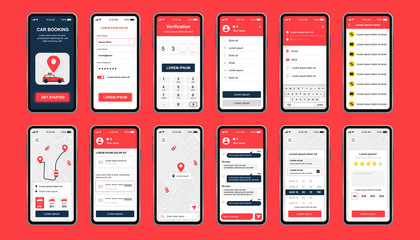 Aufkleber - Car booking unique design kit for mobile app. Online rent car order screens with chat, rating, user profile and city map. Car sharing service UI, UX template set. GUI for responsive mobile application