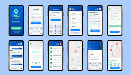 Poster - Car sharing unique design kit for mobile app. Online rent car order screens with map navigation and user account menu. Car booking service UI, UX template set. GUI for responsive mobile application.