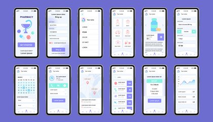 Poster - Online pharmacy unique design kit for app. Internet drugstore screens with medicaments description, store location and prices. Pharmacy store UI, UX template set. GUI for responsive mobile application