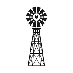 Windmill icon. Black and white vector illustration wind pump. Wind turbine with blades.