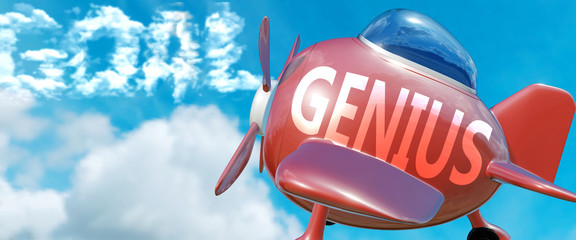 Genius helps achieve a goal - pictured as word Genius in clouds, to symbolize that Genius can help achieving goal in life and business, 3d illustration