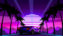 Purple Sports Car On The Background Of A Retro Wave Landscape With Palm Trees Along The Road. Vector Illustration In The Style Of The 80s.