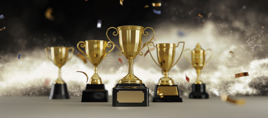Wall Mural - golden trophy award on dark background. gold winners trophy with copy space for text. 3d rendering.