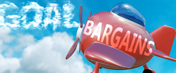 Bargains helps achieve a goal - pictured as word Bargains in clouds, to symbolize that Bargains can help achieving goal in life and business, 3d illustration