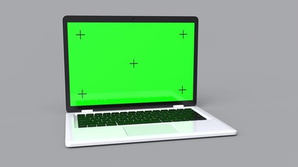 Laptop with a green screen on a gray background. 4K animation. Change the background and image on the laptop screen. 3D rendering
