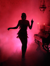 Dark Silhouette In Red Smoke Style Retro Woman. Girl Dancing In Vintage Dress 