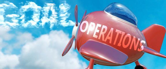 Operations helps achieve a goal - pictured as word Operations in clouds, to symbolize that Operations can help achieving goal in life and business, 3d illustration