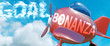 Bonanza helps achieve a goal - pictured as word Bonanza in clouds, to symbolize that Bonanza can help achieving goal in life and business, 3d illustration