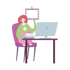 Poster - working remotely, woman in chair with desk computer books