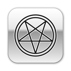 Sticker - Black line Pentagram in a circle icon isolated on white background. Magic occult star symbol. Silver square button. Vector