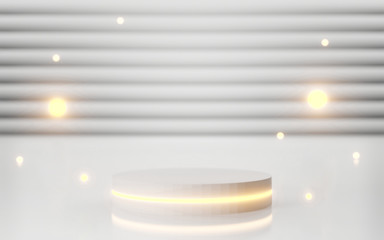 Wall Mural - 3d white podium abstract background with neon shining light for banner, display on website. Round pedestal isolated on white background with glow light. luxury minimal interior. White cylinder.