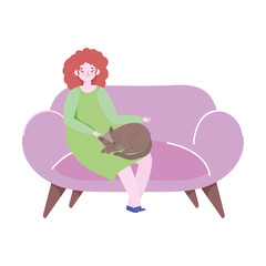 Sticker - young woman with cat sitting on sofa isolated icon design