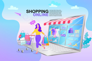 Online shopping banner, Internet digital store scene with woman on shopping. E-commerce advertising illustration. People shopping online concept with happy.