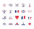 hearts and Happy bastille day icon set, flat style