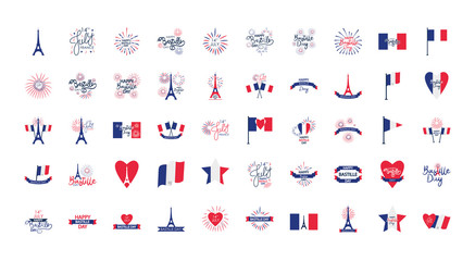 Wall Mural - Happy bastille day icon set, flat style