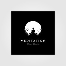 Yoga Meditation Logo Vector Moon Background Illustration Design, Vintage Logo Style