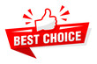 Advertising sticker best choice with red thumb up. Illustration, vector