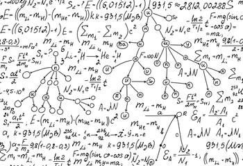 Wall Mural - scientific vector seamless pattern with handwritten formulas of nuclear physics nd math