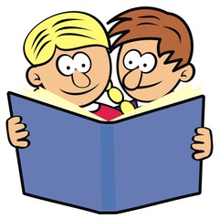 Wall Mural - Boy and girl with book, funny vector illustration. Color picture on white background.