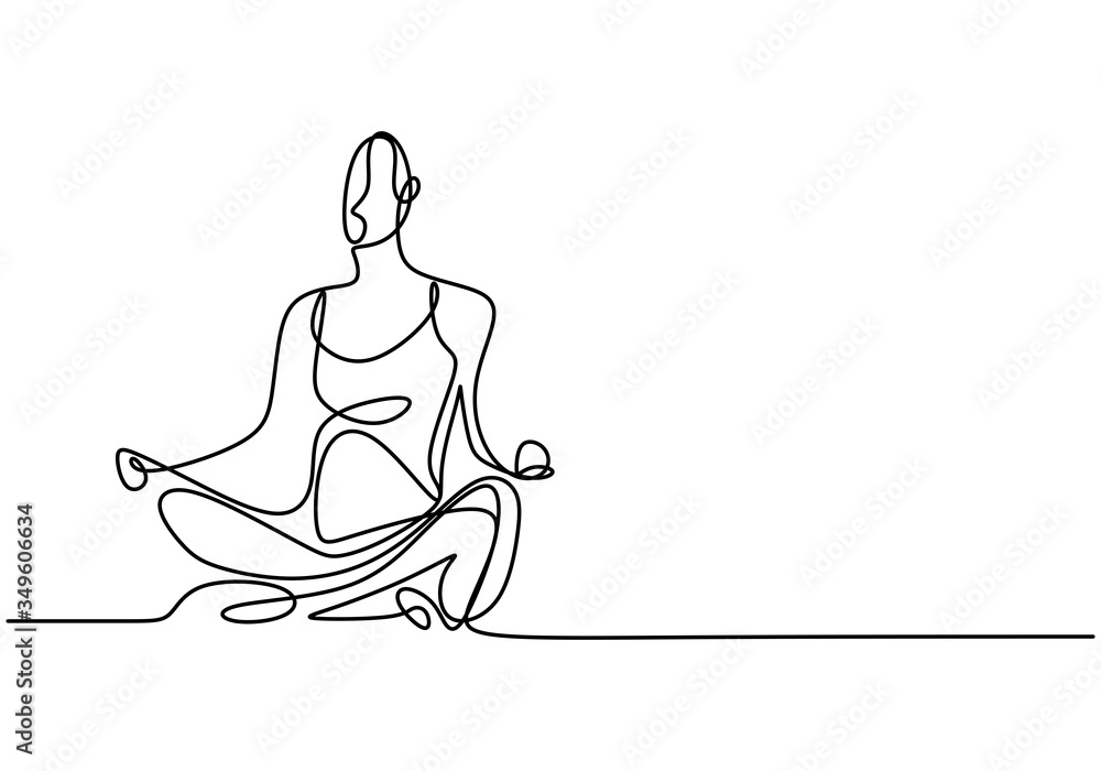 Woman doing yoga exercise continuous one line vector illustration minimalism style. Yoga girl sitting cross legged meditating. Lotus pose line drawing. Relaxing and calming. - obrazy, fototapety, plakaty 
