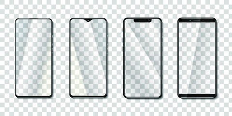Smartphone mock up vector collection isolated on transparent background, with screen glass mirroring effect, for your UI, UX, design, interface design mock-up mobile set, transparent glass,