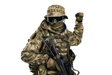 Special Forces Soldier With Rifle. Shot In Studio. Isolated With Clipping Path On White Background.

