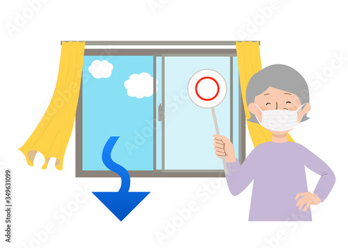 丸の札を持ってマスクをするおばあちゃんと窓を開けて換気するとカーテンが揺れるベクターイラスト Stock Illustration Adobe Stock
