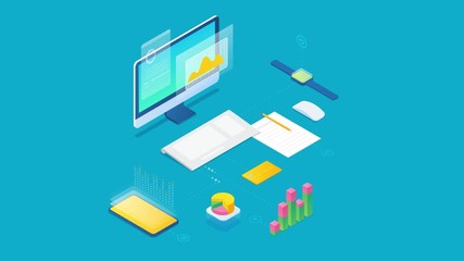 Statistics Data Analysis Business Chart Information on Computer desktop and Mobile phone isometric design animated concept 3D rendering 4K video