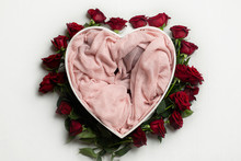 The Heart Of The Tree Is Decorated With Roses. Basket For Newborn Photo Sessions. Red Roses. Heart