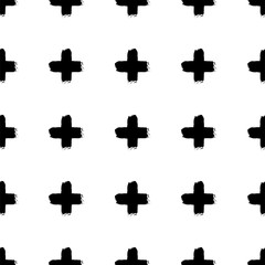 Wall Mural - Seamless vector pattern with black cross strokes. An isolated image on a white background with a cross sign, plus sign drawn with a dry brush. Minimalistic graphic doodle suitable for your design.